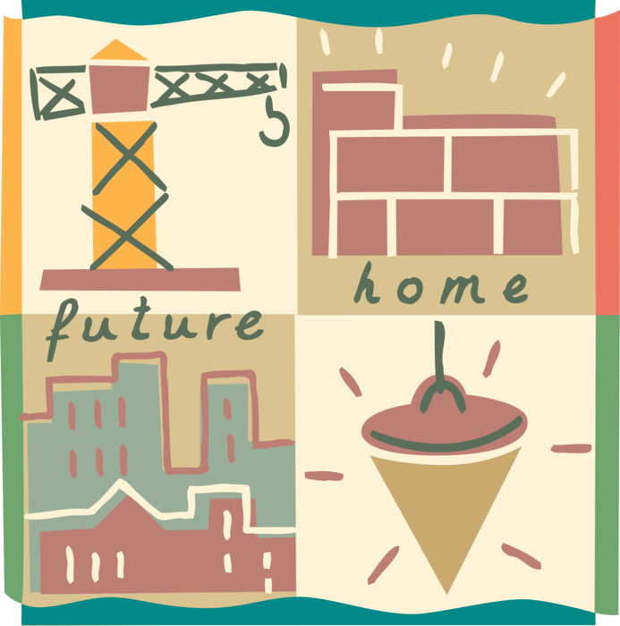 Vector Illustration of New Real Estate Home Housing Construction with Crane, Masonry Bricks, Plumb Bob and Condominiums