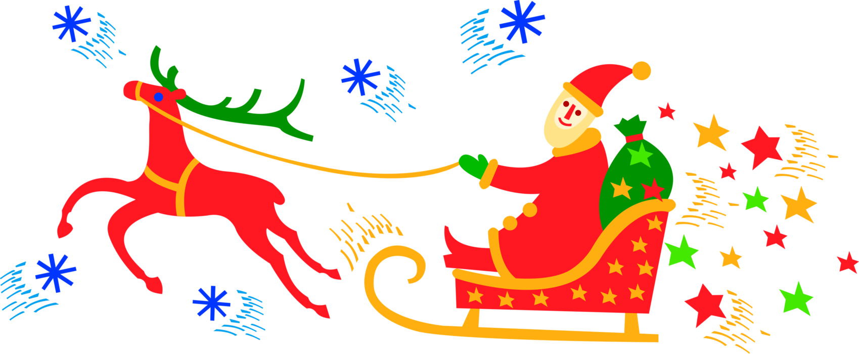 Vector Illustration of Santa Claus in Sleigh with Gifts and Reindeer