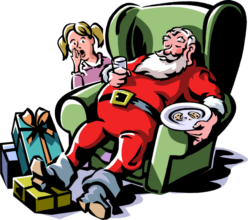 Vector Illustration of Santa Claus Falls Asleep in Chair with Milk and Cookies on Christmas