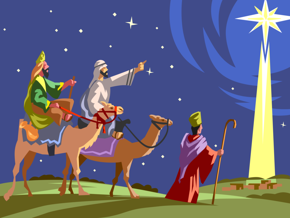 Vector Illustration of Three Wise Men at Christmas Follow Star of Bethlehem to Birth Place of Jesus Christ