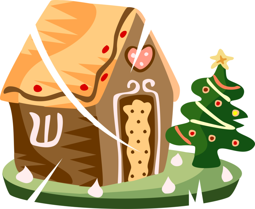 Vector Illustration of Popular Christmas Decoration Gingerbread House with Decorated Evergreen Tree