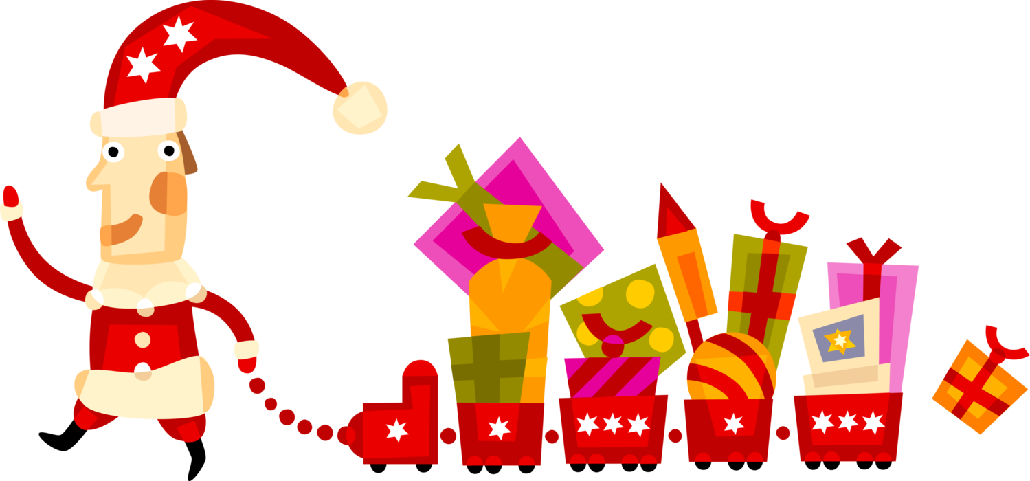 Vector Illustration of Santa Claus, Saint Nicholas, Saint Nick, Father Christmas, Pulls Railway Train with Present Gifts