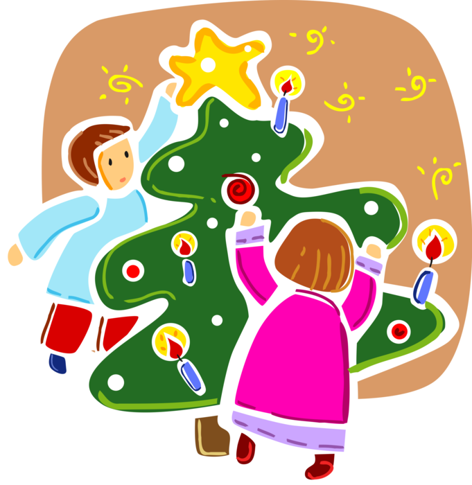 Vector Illustration of Brother and Sister Decorate Christmas Tree with Decoration Ornaments