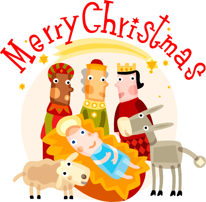 Vector Illustration of Festive Season Christmas Nativity Scene with Baby Jesus and Three Wise Men