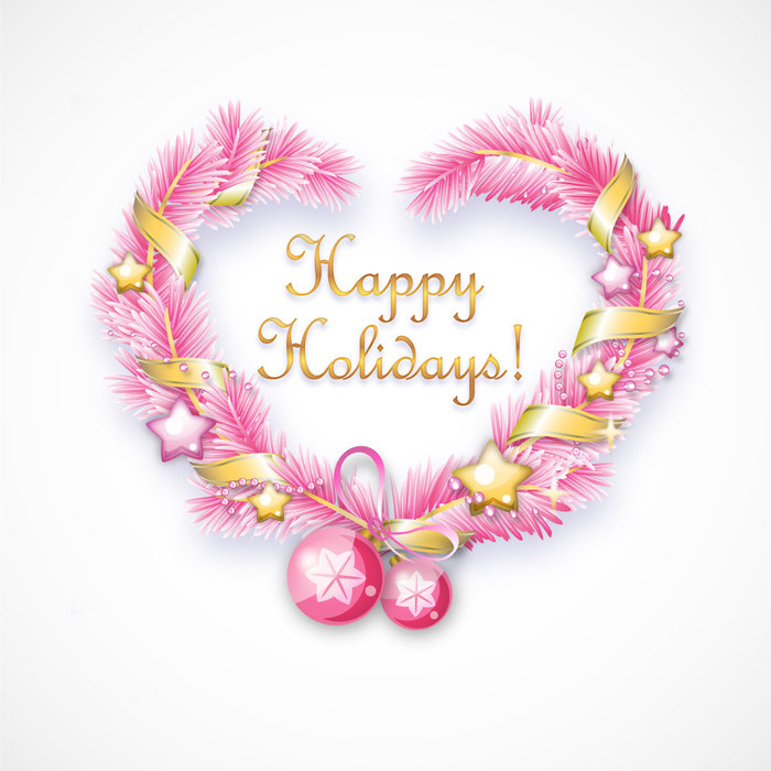 Heart Shaped Pink and Gold Wreath with Gold Happy Holidays 