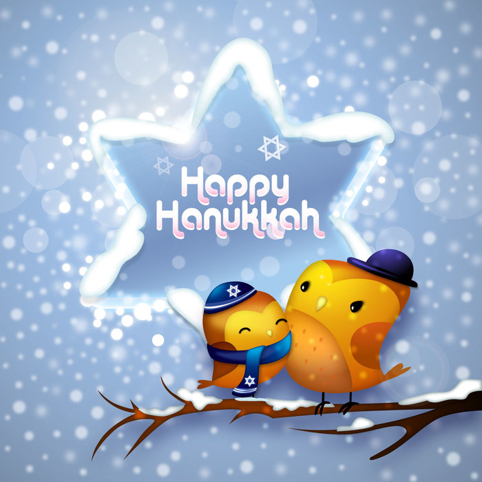 Cute Owls Celebrating Hanukkah in the winter