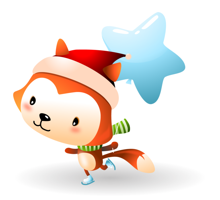 Skating Baby Fox with Santa Hat and a Star Ballon