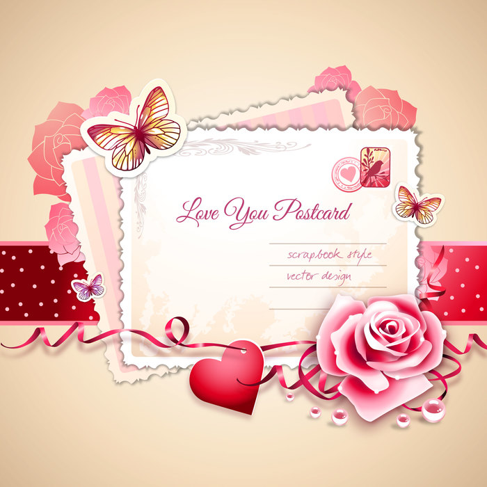 Valentine's Day Scrapbook Style Postcard Vector Illustration