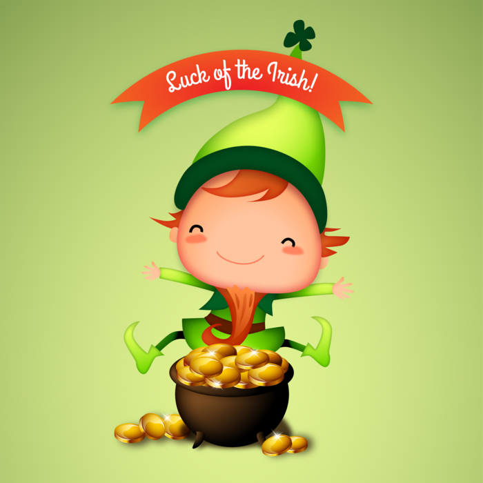St. Patrick's Day Luck of the Irish Leprechaun jumping of Joy behind a pot of gold, Vector Illustration
