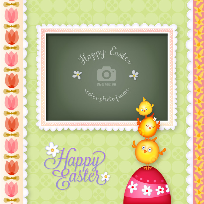 Happy Easter Decorative Vector Photo Frame with Chicks and Egg

