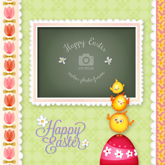 Happy Easter Decorative Vector Photo Frame with Chicks and Egg
