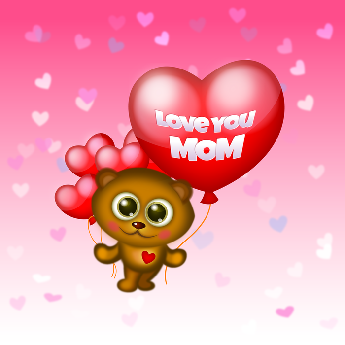 Happy Mother's Day Cute Bear with I Love You Mom Heart Balloons Vector Illustration
