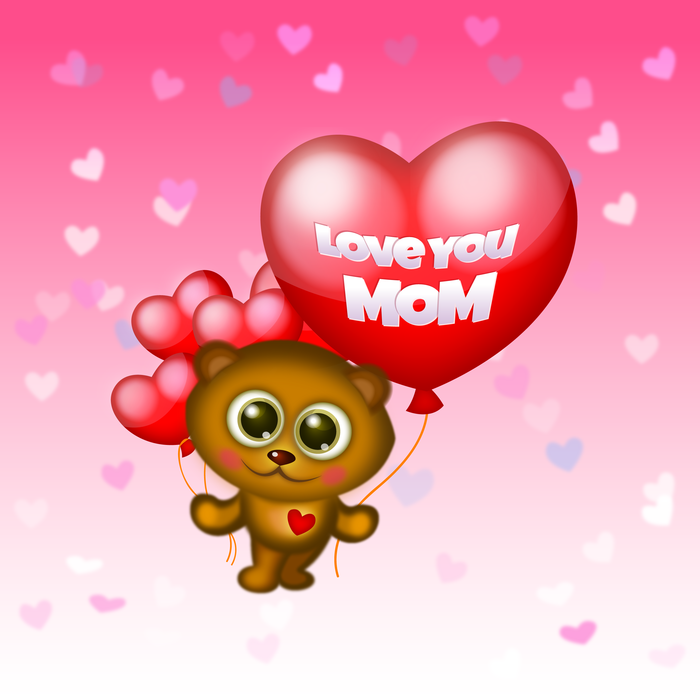 Happy Mother's Day Cute Bear with I Love You Mom Heart Balloons Vector Illustration
