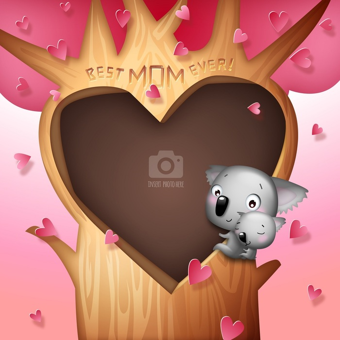 Mother's Day Best Mom Ever Vector Photo Frame with Koala Bear Family in Heartshaped Bird Nest Hollow
