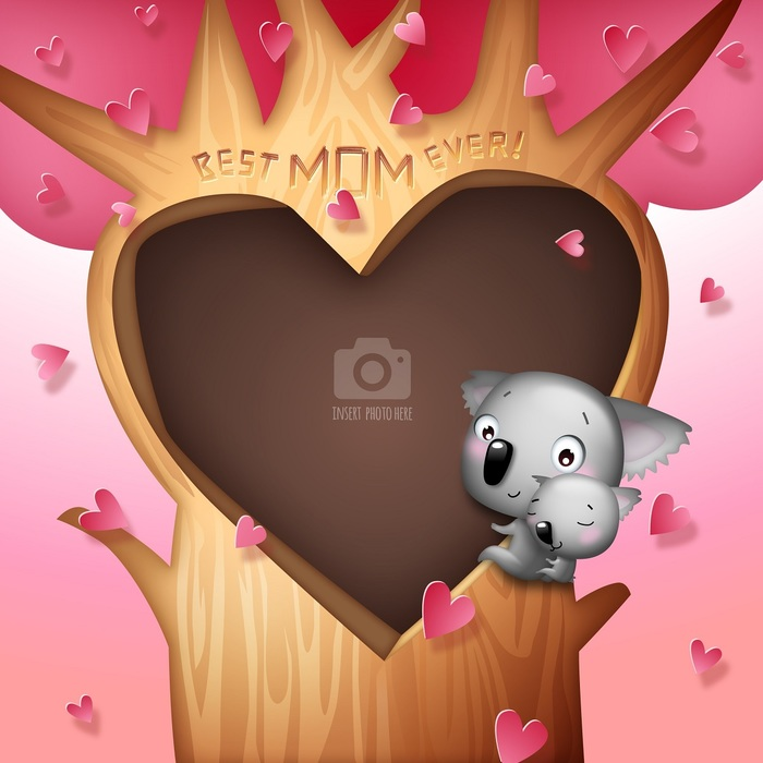 Mother's Day Best Mom Ever Vector Photo Frame with Koala Bear Family in Heartshaped Bird Nest Hollow
