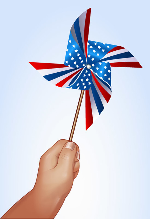 Happy 4th of July American Independence Day Celebration Kid's hand holding a Pinwheel with American Flag
