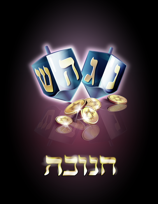 Happy Hanukkah Spinning Dreidels with golden coins